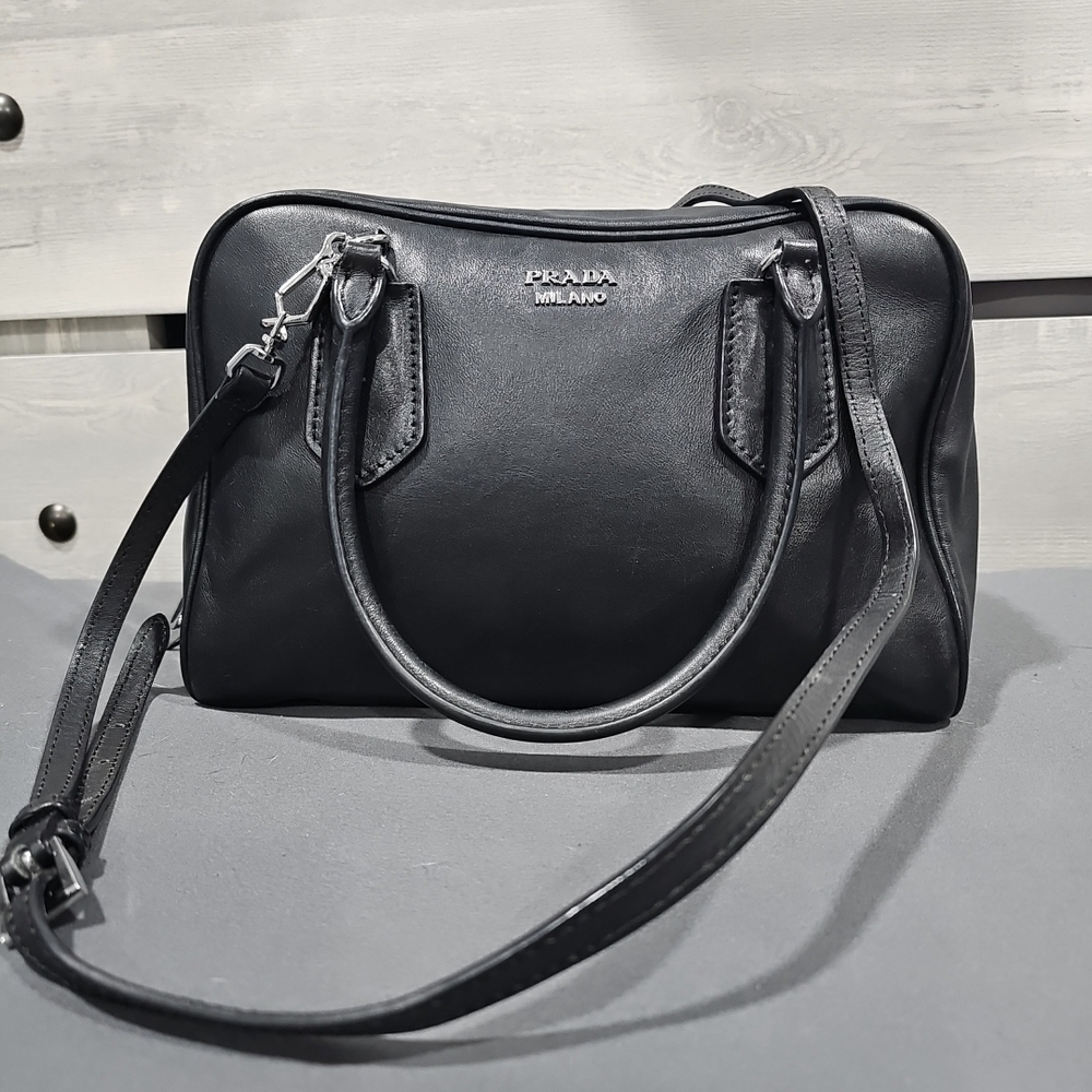 Prada Milano Black Leather Dome Satchel with Crossbody Strap